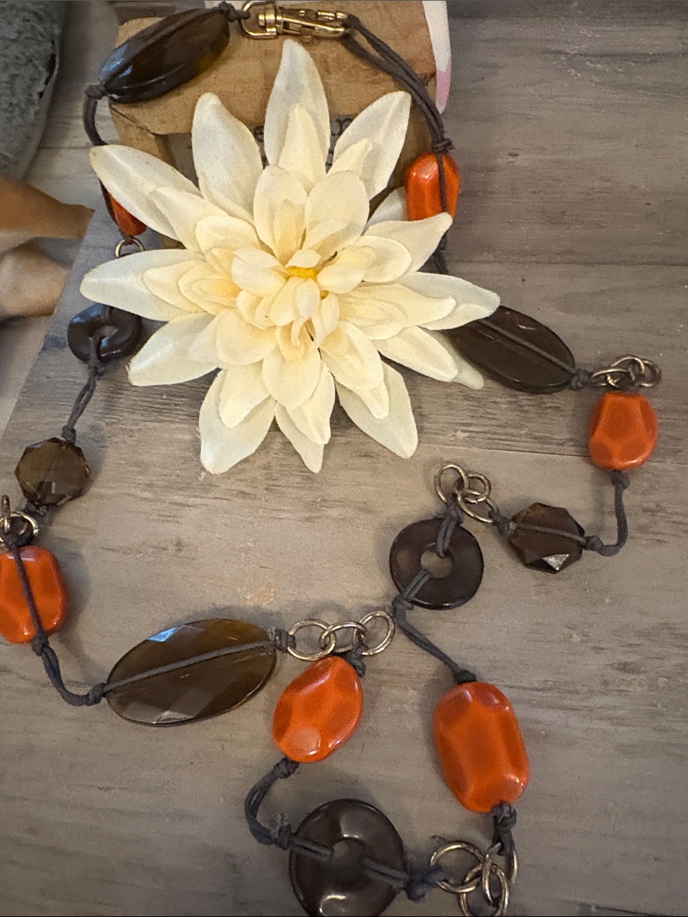 Handcrafted Orange and Brown Beaded Women's Necklace w/Gold Tones/Lobster Clasp